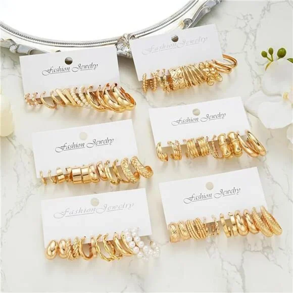 36 Pairs Gold Hoop Earrings Set for Women, Fashion Chunky Gold Hoop Earrings - Picture 5 of 7